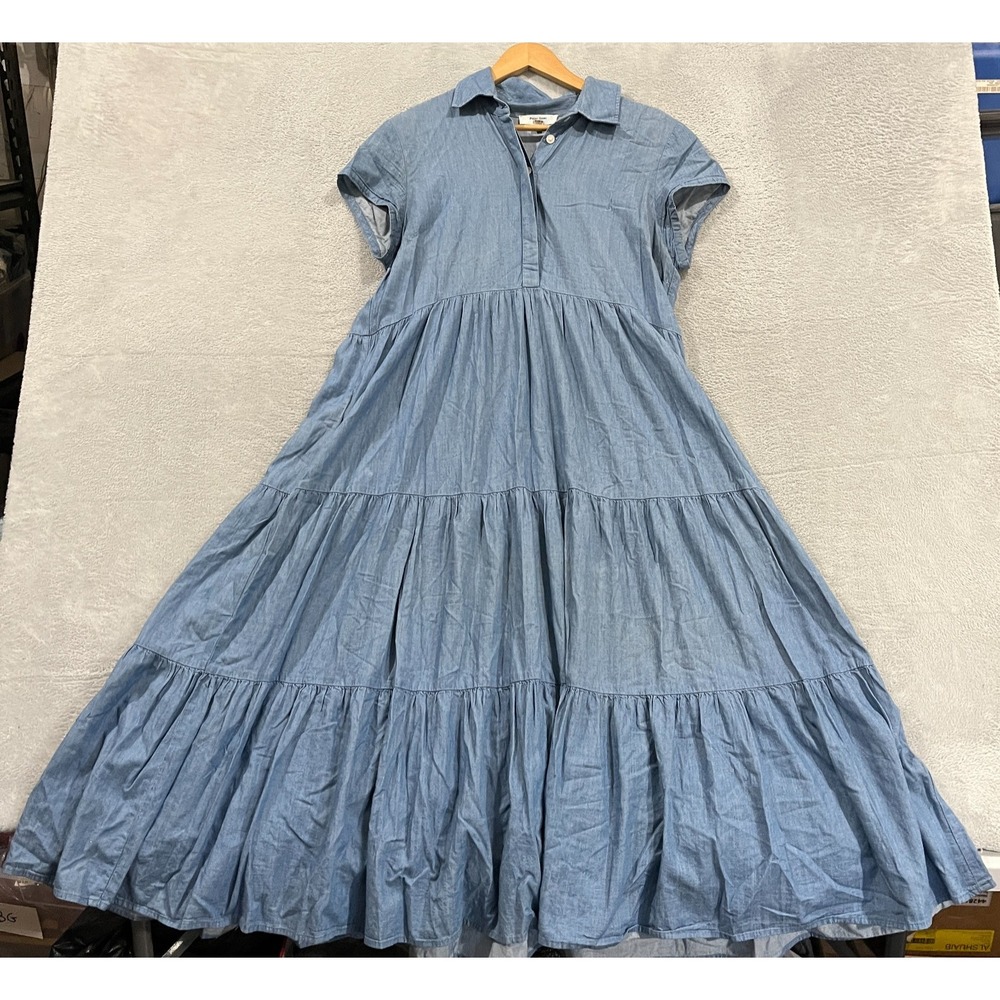 Peter Som Maxi Dress 10 Chambray Tiered Cottage Western Boho Hippy Country 90s